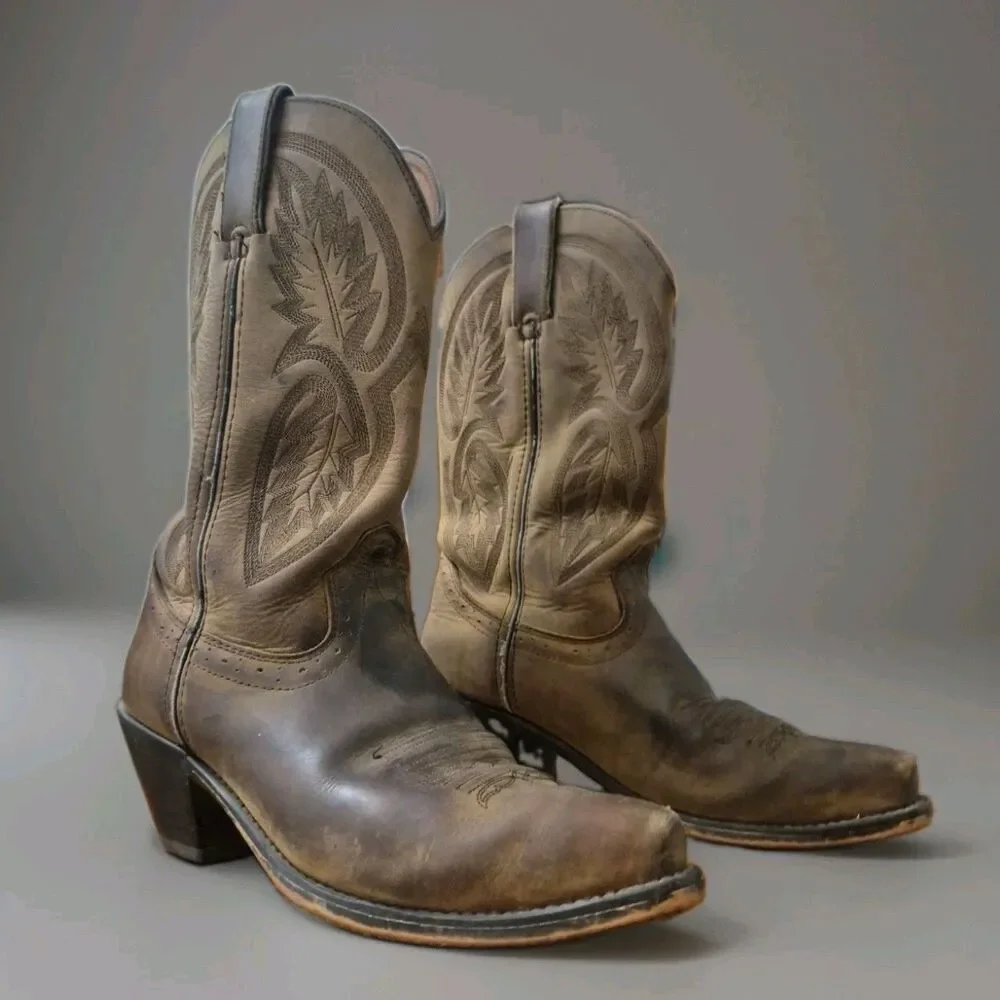 Brown Leather Pull On Snip Toe Cowboy Boots Womens Size 7M Style 2172